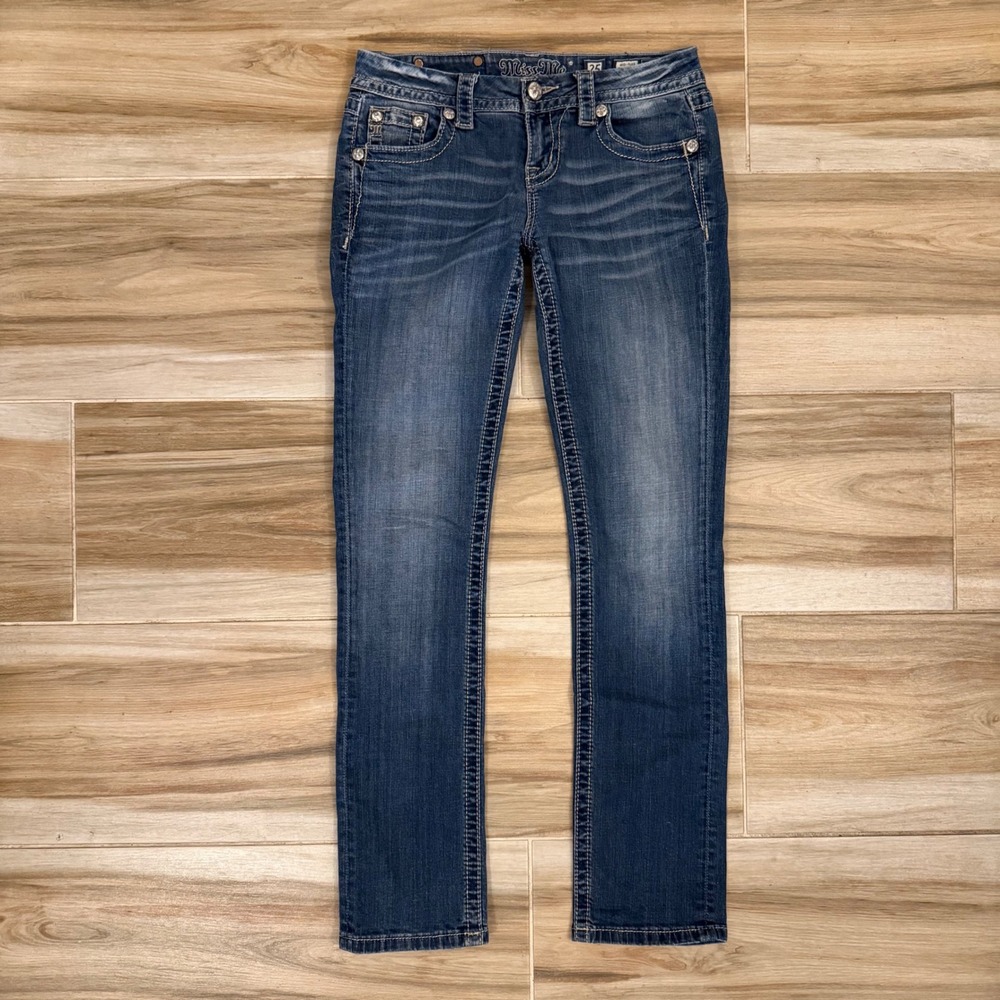 Miss Me Easy Straight Mid Rise Jeans Dark Wash Embroidered Flap Pocket 25 31